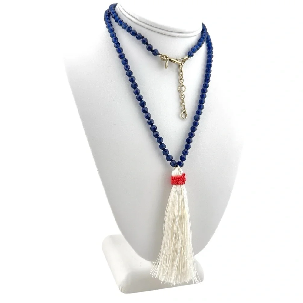 J Crew Necklace with Navy Blue Beads and White Tassel